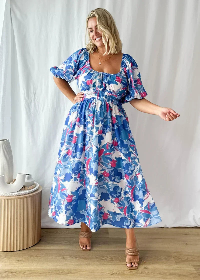 Off Shoulder Puff Sleeve Smocked Waist Abstract Floral Print Midi Dress