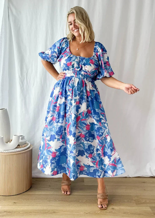 Off Shoulder Puff Sleeve Smocked Waist Abstract Floral Print Midi Dress