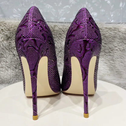Purple Crocodile Embossed Pointy Toe Slip On High Heel Shoes for Women