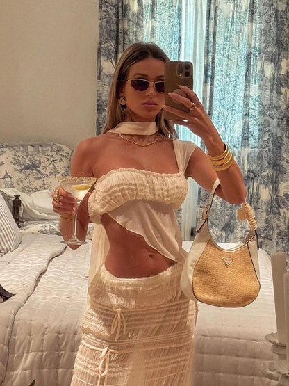 Beach Party Two-Piece Set See Through Scarf Mini Wrap Top Mesh Irregular Hem+Multi-Pleated Bottoms Matching Pretty Suits