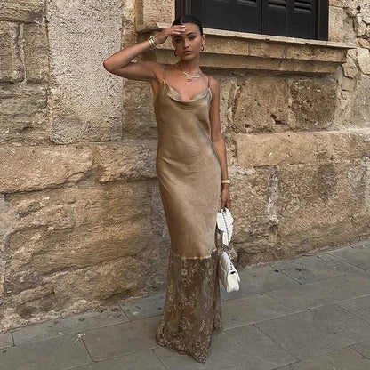 Lace Slash Backless Strap Midi Dress