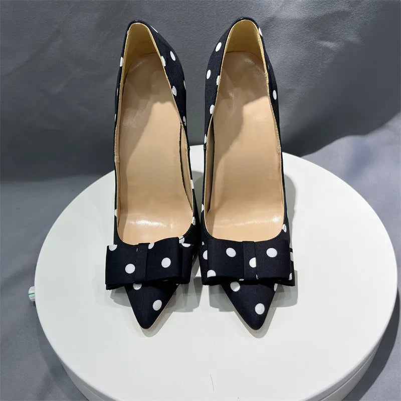 Black Satin Stiletto High Heels with Polka Dot Design