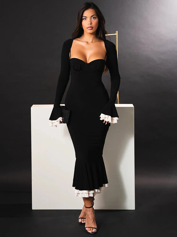 Patchwork Long Sleeve Fishtail Bodycon Dress