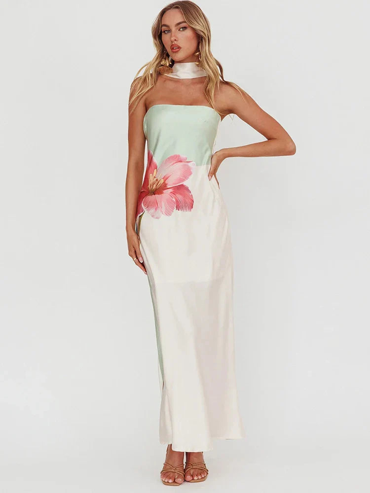 Halter Print Off-shoulder Strapless Sleeveless Vacation Dress