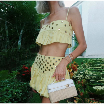Hollow Pleated Skirt Vest Two Piece Set