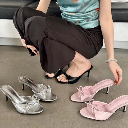 Summer Pink Butterfly-knot Woman Slippers with Elegance Stripper Thin Low Heels