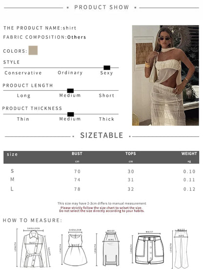 Beach Party Two-Piece Set See Through Scarf Mini Wrap Top Mesh Irregular Hem+Multi-Pleated Bottoms Matching Pretty Suits