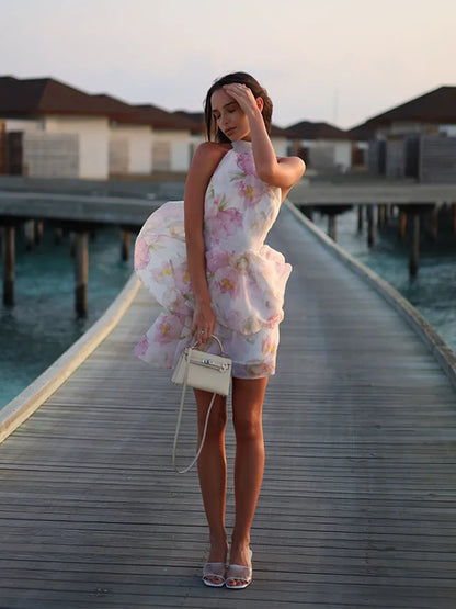Printed Ruffle Halter Mini Dress