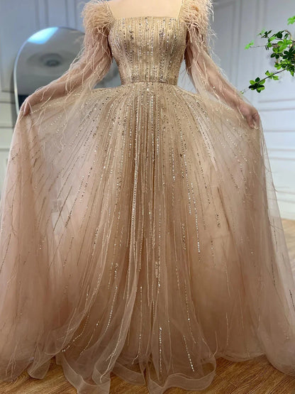 Cape Sleeves Feathers Beaded Evening Dresses