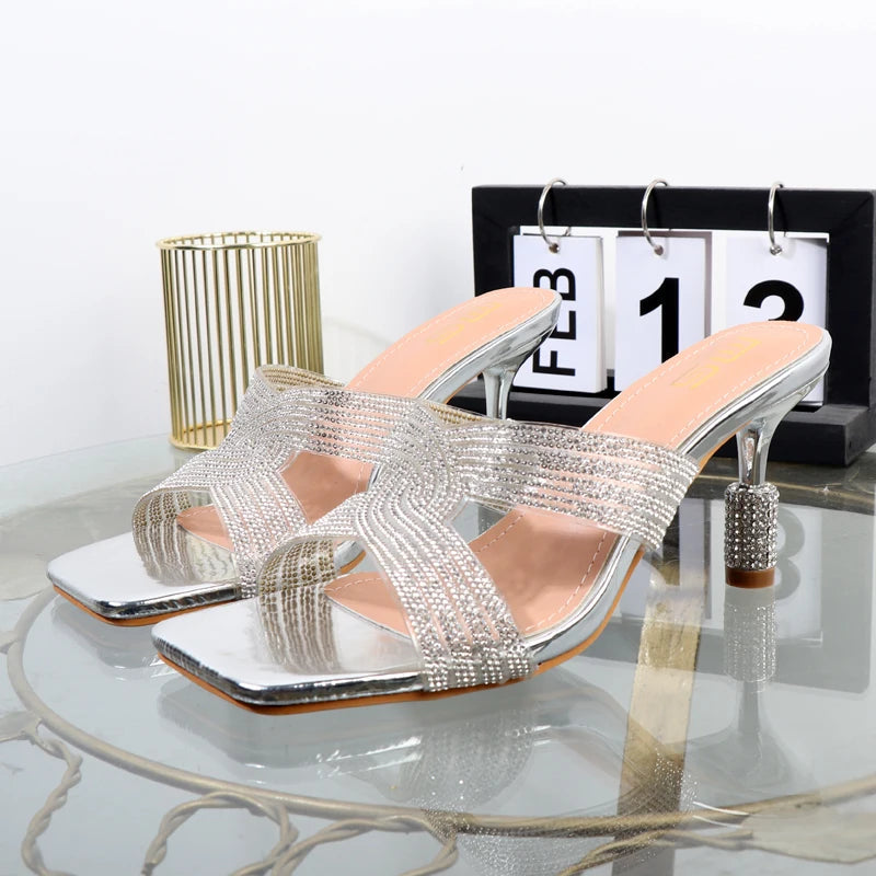 Open Toe Rhinestone Drag Slippers with Thin Heels