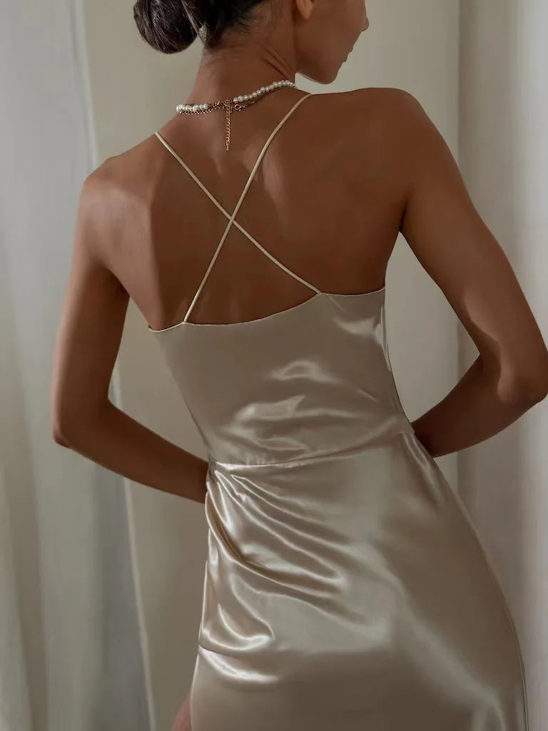 Satin Backless Slit Camisole Midi Dress