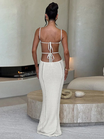 Hollow Knit Spaghetti White Bodycon Dress
