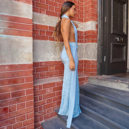 Halter Deep V Neck Lace Sleeveless Long Dress