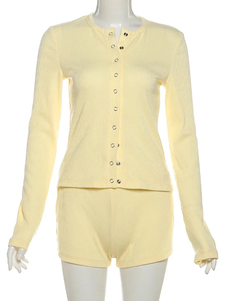 Leisure Stretch 2-Piece Set Women Single-Breasted Long Sleeves o-Neck Blouse+Basis Shorts Simple Classic Street Suits