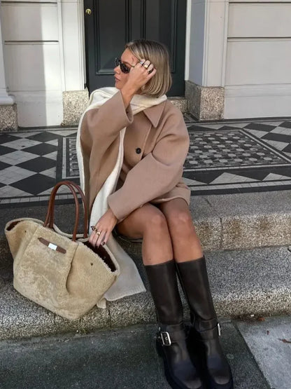 Burgundy Wool Loose Pocket Long Coat