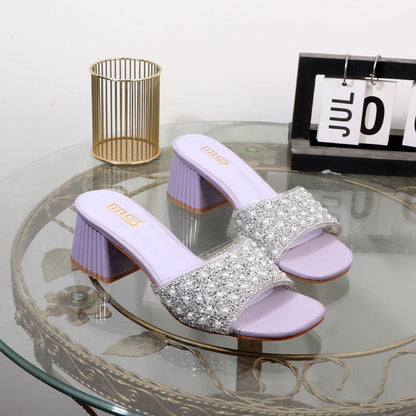Rhinestone Slippers - Summer Fashion with Thick High Heel for Women