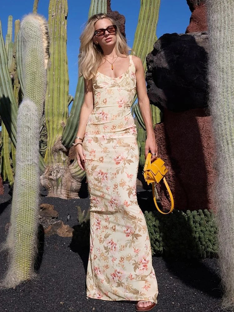 Floral Slit Suspender Plunge Maxi Dress
