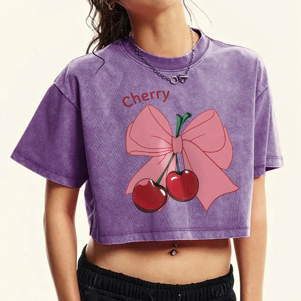 Bow Cherry Cartoon Cotton Slim T-shirt