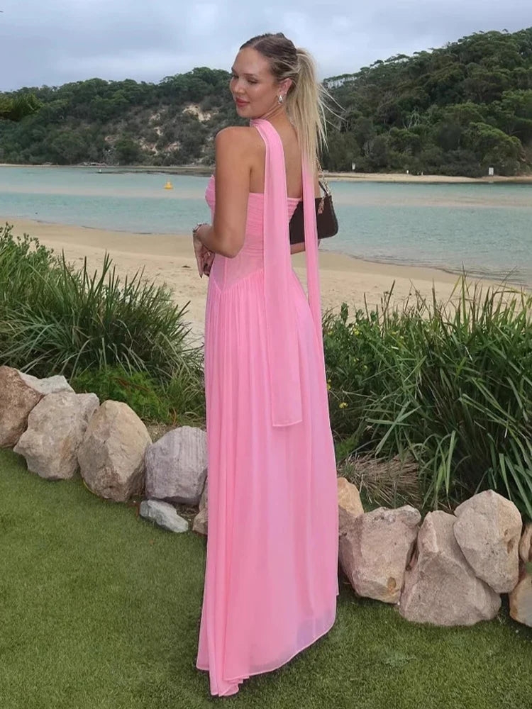Strapless Mesh Ribbon One-Shoulder Maxi Dress
