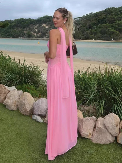 Strapless Mesh Ribbon One-Shoulder Maxi Dress