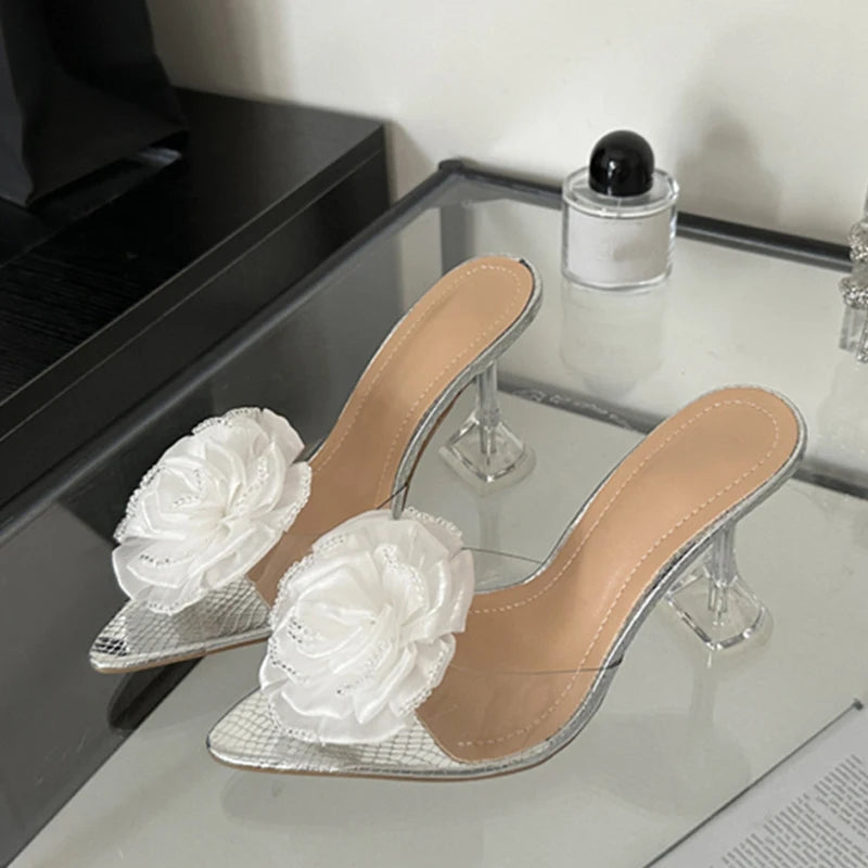 Transparent PVC Women's Fashion Flowers Pointed Toe High Heel Slippers
