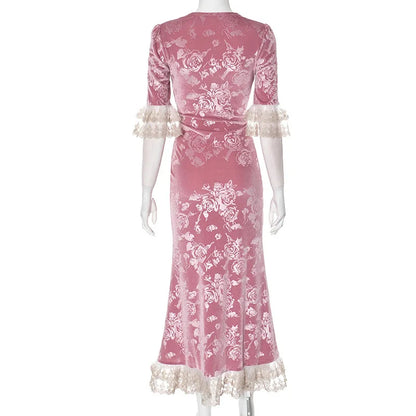 Patchwork Lace Short Sleeve Printed Floral Dress
