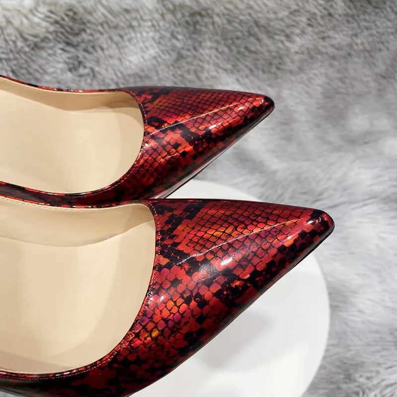Red Snakeskin Print Women Sexy Pointy Toe High Heel Shoes