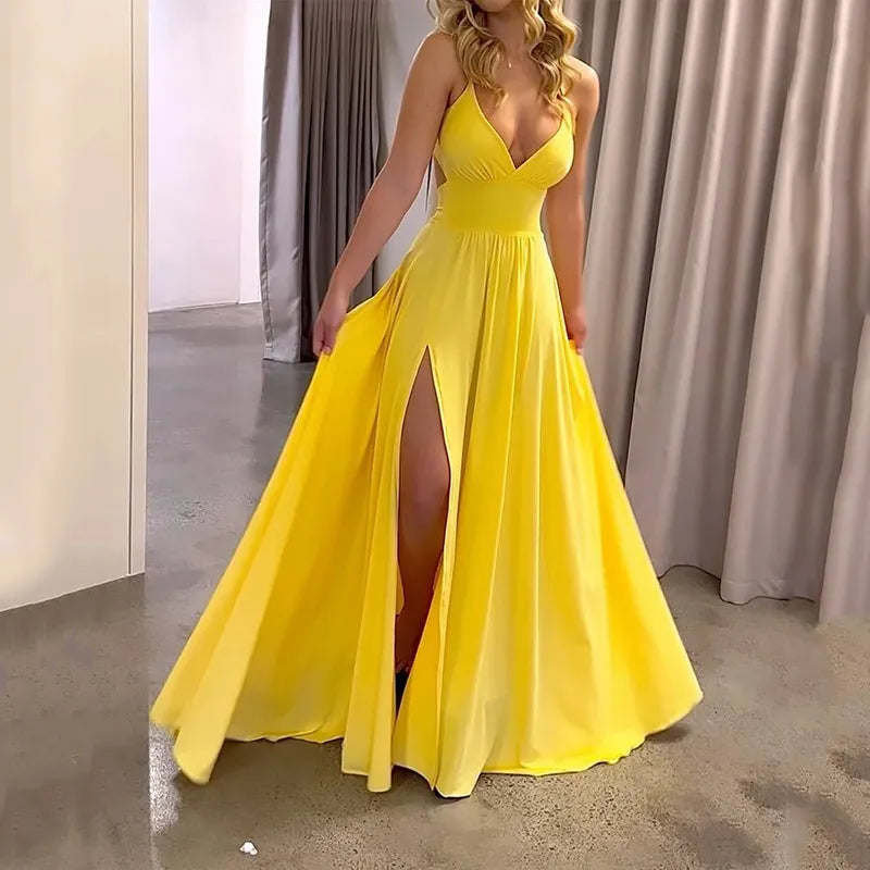 Chiffon Deep V-Neck Spaghetti Strap High Split A-Line Maxi Dress