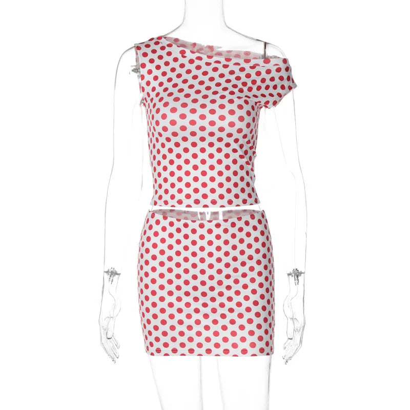Polka Dot Printed Off One Shoulder Tank Top Mini Skirt Set Women Slash Neck Crop Vest Short Skirt Suit Hottie Y2K Outfit