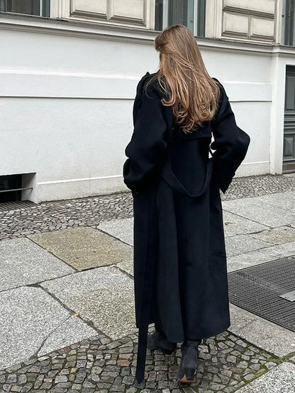 Fashion Double Breasted Women's Woolen Overcoat Elegant Lapel Long Sleeve Jacket With Belt Female New Commute Outerwear