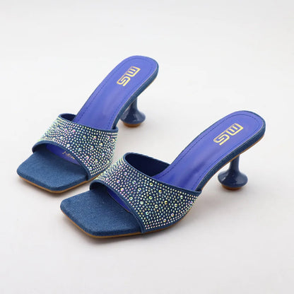 Summer Blue Denim Rhinestone Women's Slippers with 7CM Heel