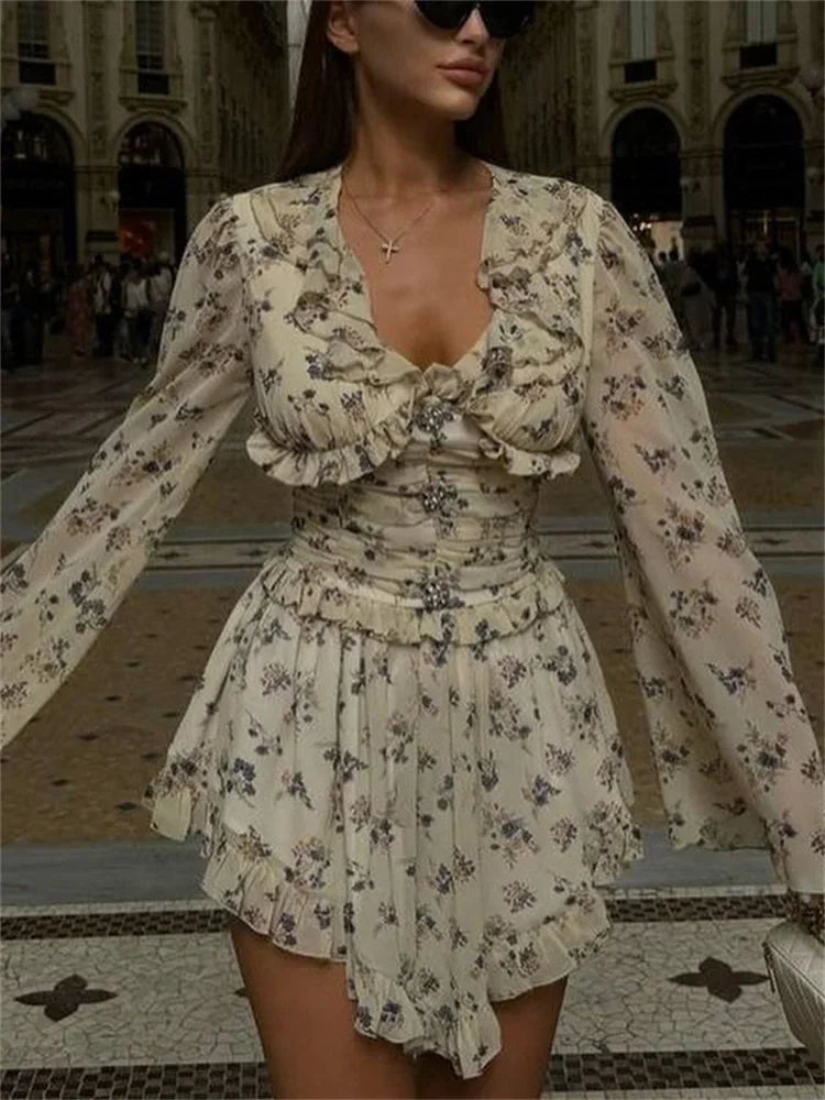 Floral Print Ruffle Collar Button Front Ruched Waist Mini Dress