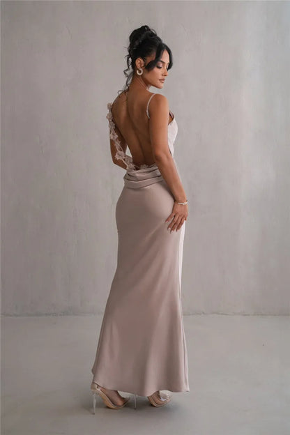 3D Flower Draped Open Back Maxi Dress