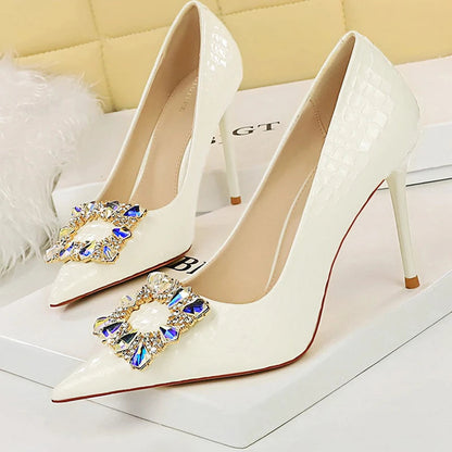 Metal Water Drill Buckle Woman Pumps Textured Patent Leather High Heels