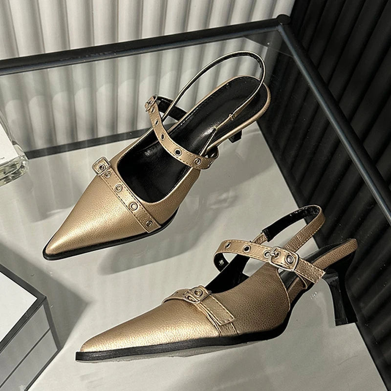 Women's Fashion Metal Buckle Pointed Toe Low Thin Heeled Sandal for Spring and Autumn