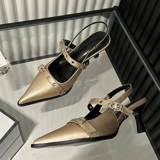 Women's Fashion Metal Buckle Pointed Toe Low Thin Heeled Sandal for Spring and Autumn