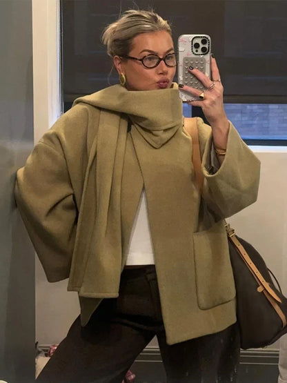 Woolen Scarf Collar Casual Coat Women Single Breasted Elegant Thicken Warm Pocket Loose Solid Jacket Winter Long Sleeve Outwear