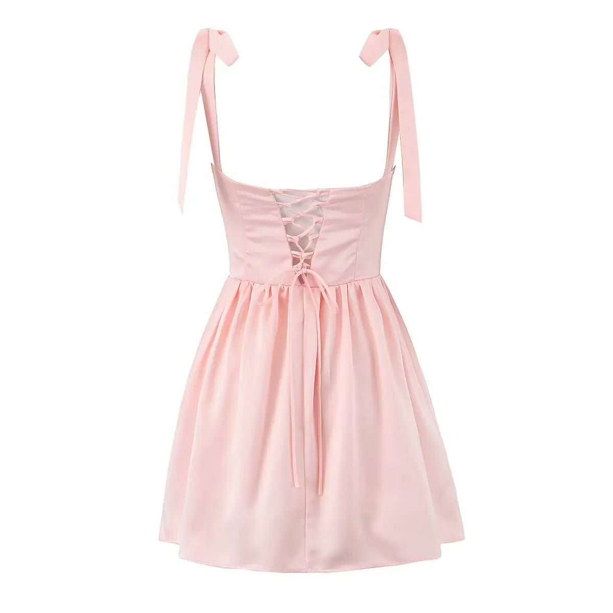 Tie Shoulder Lace Up Back Pleated Skater Mini Dress