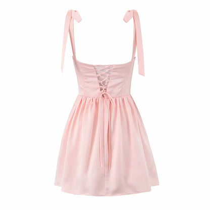 Tie Shoulder Lace Up Back Pleated Skater Mini Dress