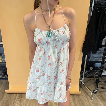 Cross Bandage Floral Mini Vacation Dress