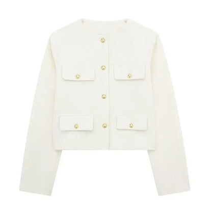 Elegant Solid Button Fake Pocket Jacket Women's Fashion O-neck Long Sleeve Single Breasted Cropped Coats New Lady Chic Outerwear
