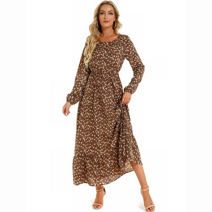 Ditsy Floral Crew Neck Lantern Sleeve Smocked Waist Ruffle Hem Maxi Dress