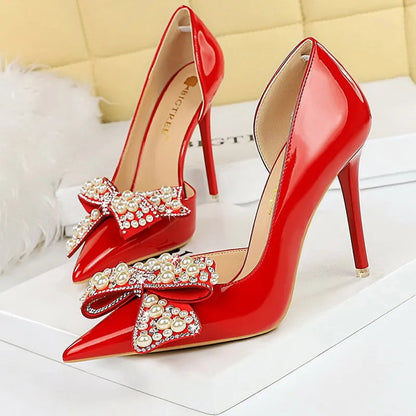Bowknot Kitten Heels Patent Leather Women Pumps Shoes