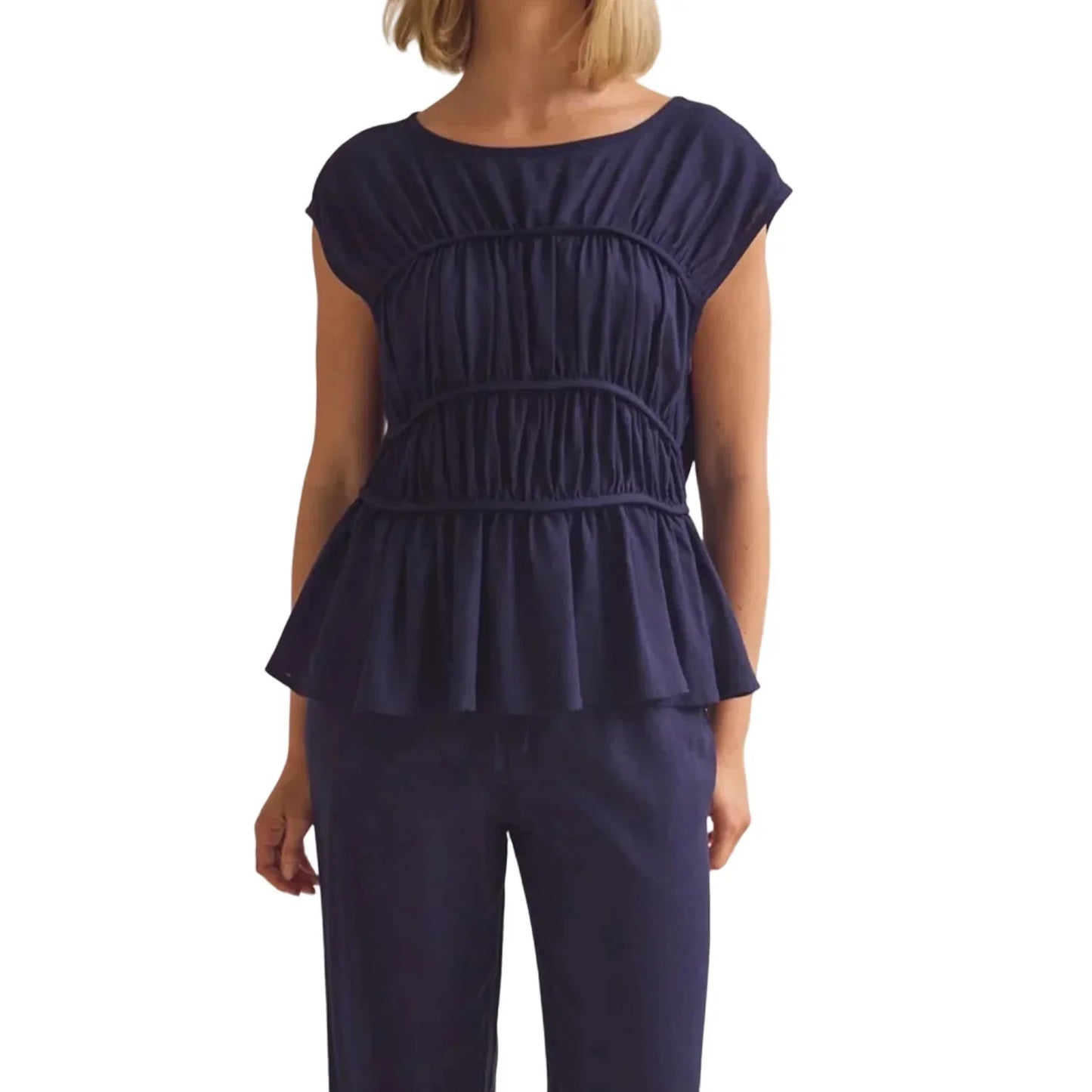 | Ruched Cap Sleeve Peplum Top