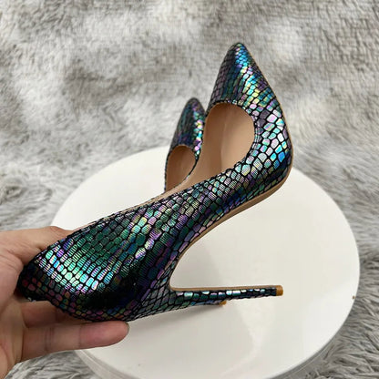 Shiny Laser Crocodile Pointy Toe High Heel Shoes