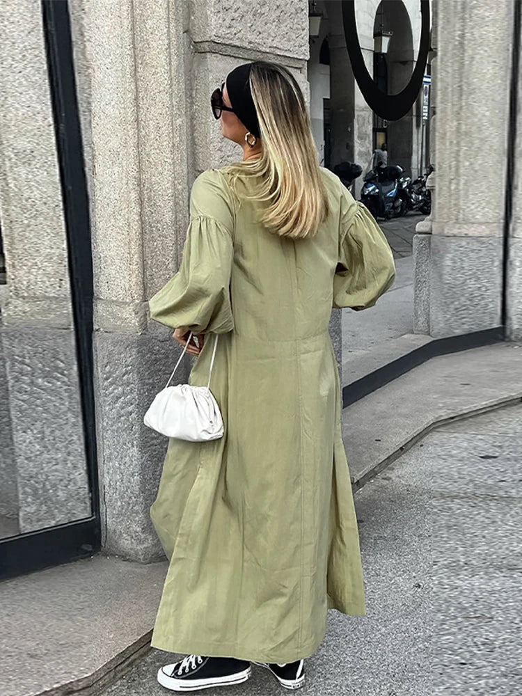 Lace Up V-Neck Balloon Sleeve Side Slit Maxi Dress