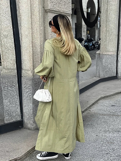 Lace Up V-Neck Balloon Sleeve Side Slit Maxi Dress