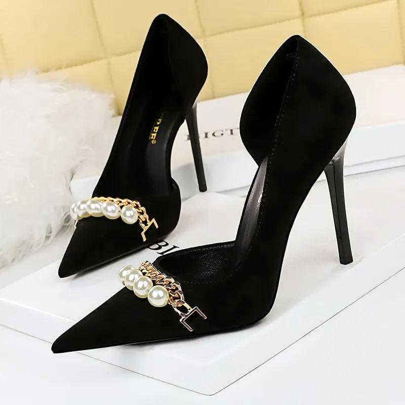 Grain Women Pumps with Pearl Chain Design - High Quality High Heels
