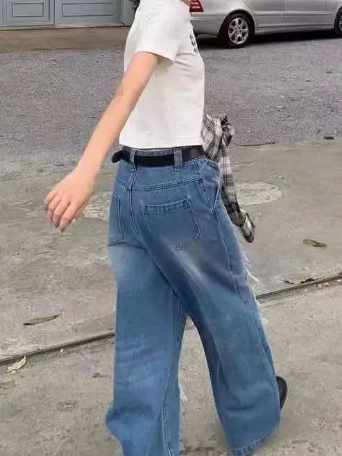 Jeans With Contrasting Plaid Holes And Splicing High-Waisted Women'S Summer American High Street Loose Slimming Wide-Leg Pants