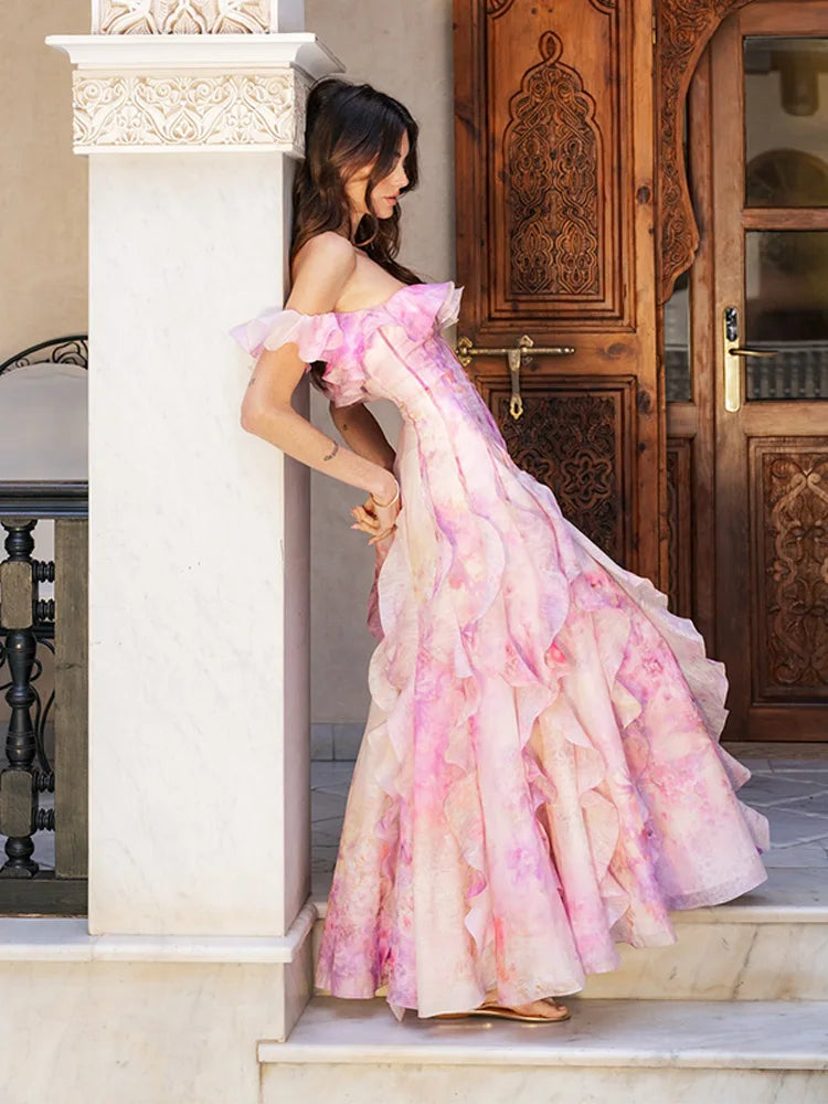 Pleated Off Shoulder Floral Dress